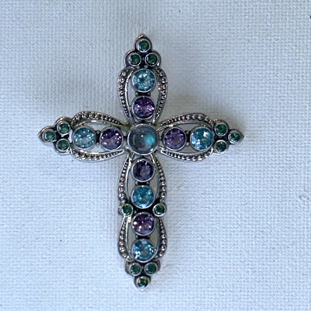 NWOT Nicky Butler Sterling Silver Multi Gemstone Cross Necklace Bohemian Casual